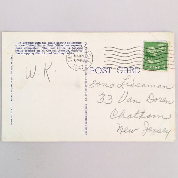 United States Post Office Phoenix Arizona 1940s Linen Postcard 1947 AZ PC USPO - Picture 2 of 2